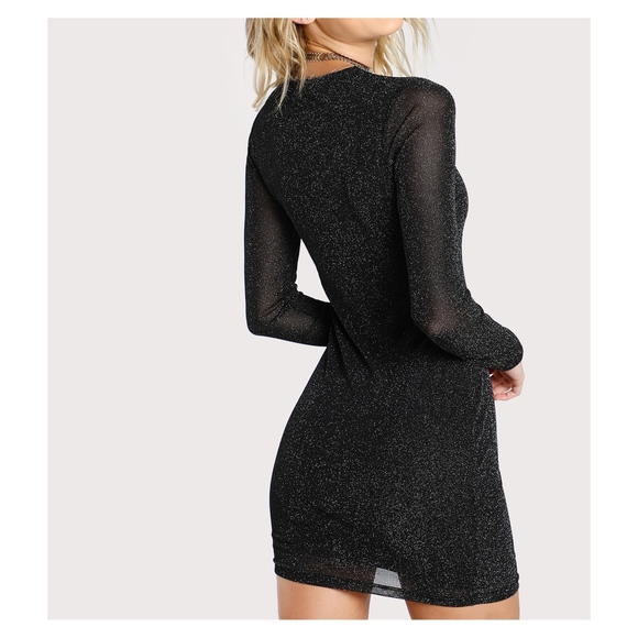 Black Silver Glitter Long Sleeve Bodycon Dress - Picture 3 of 5